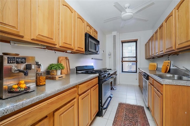 7101 Colonial Rd Unit L5I, Brooklyn, NY 11209 - kitchen featuring black microwave, range with gas cooktop, light tile patterned floors, a sink, and ceiling fan