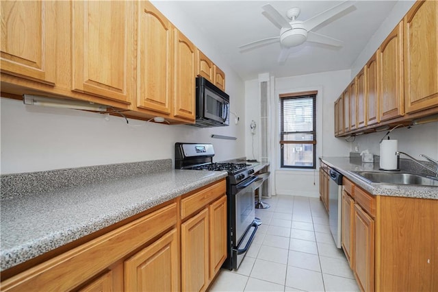 kitchen featuring light tile patterned flooring, ceiling fan, sink, and black appliances