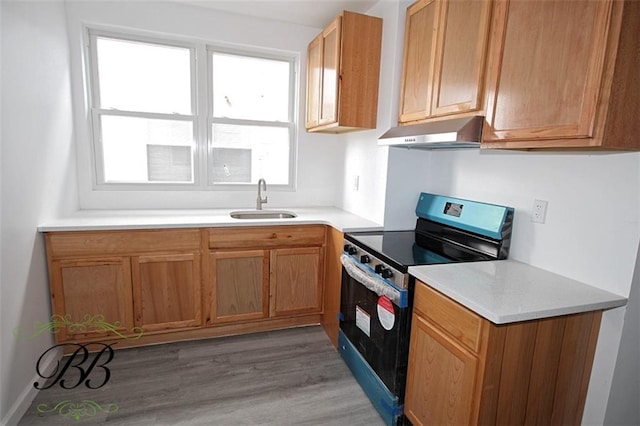 kitchen with black / electric stove, sink, and light hardwood / wood-style flooring