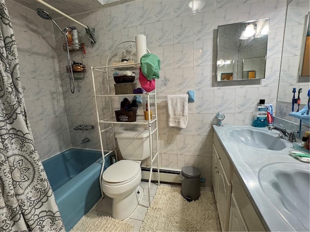 full bathroom with vanity, a baseboard heating unit, shower / bath combination with curtain, toilet, and tile walls