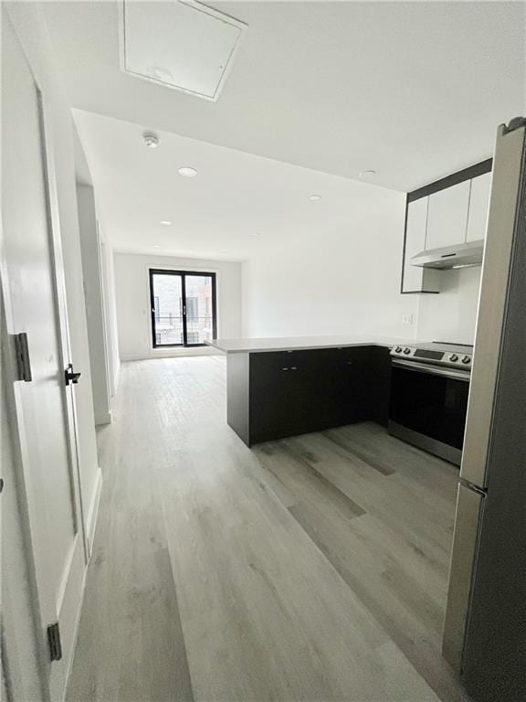 kitchen with white cabinets, light hardwood / wood-style flooring, fridge, and stainless steel electric stove