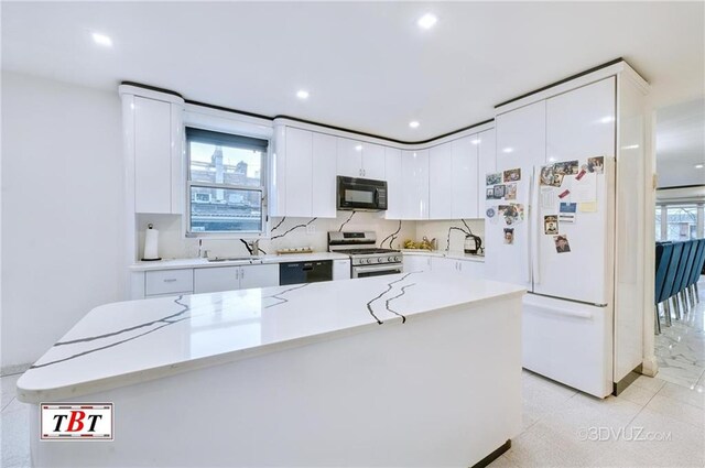 kitchen with white cabinetry, light stone countertops, sink, and black appliances