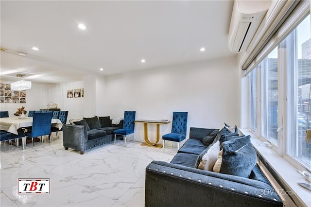 1801 E 7th St, Brooklyn, NY 11223 - living area with a wall mounted air conditioner, healthy amount of natural light, marble finish flooring, and recessed lighting