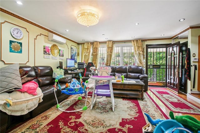 interior space featuring hardwood / wood-style floors, a wall unit AC, and crown molding