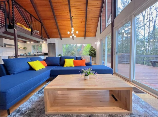 sunroom with lofted ceiling with beams, wood ceiling, and a chandelier