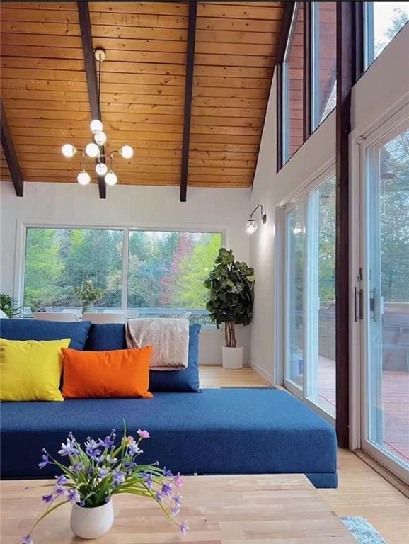 unfurnished living room with lofted ceiling with beams, hardwood / wood-style flooring, an inviting chandelier, and wooden ceiling