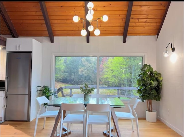 dining area with wood ceiling, light hardwood / wood-style flooring, and lofted ceiling with beams