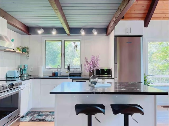 kitchen featuring white cabinets, stainless steel appliances, sink, beam ceiling, and a breakfast bar area