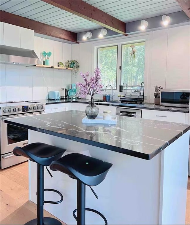 kitchen featuring appliances with stainless steel finishes, beam ceiling, a kitchen bar, and white cabinetry