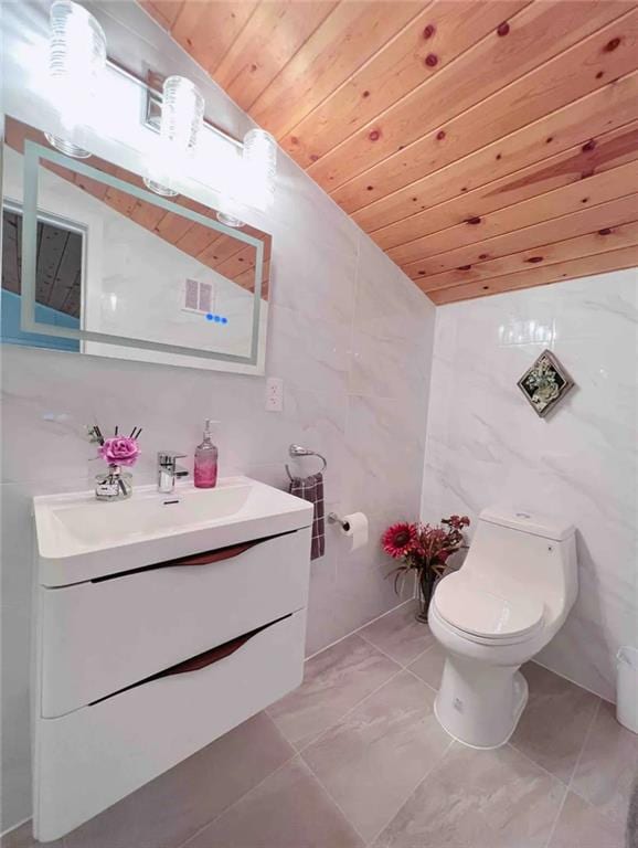 bathroom featuring toilet, vanity, tile walls, vaulted ceiling, and wood ceiling