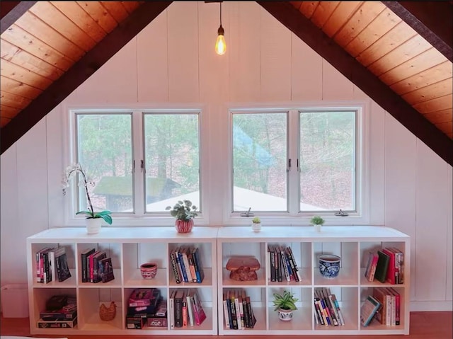 bonus room featuring wood ceiling, lofted ceiling, and wood walls