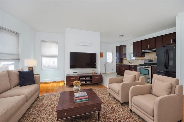 living room with a wealth of natural light, sink, and wood-type flooring