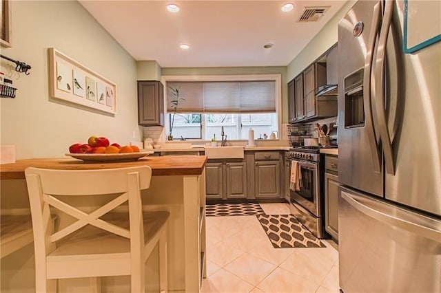 kitchen featuring sink, butcher block countertops, backsplash, light tile patterned flooring, and appliances with stainless steel finishes