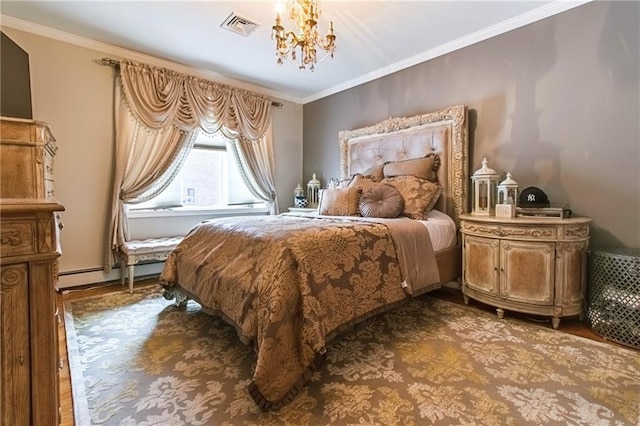 bedroom with a notable chandelier, ornamental molding, and a baseboard heating unit