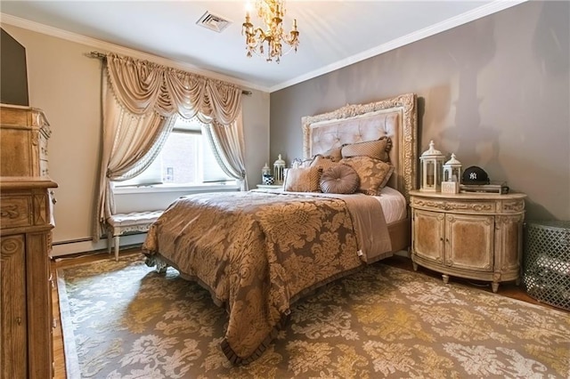 2572 W 16th St, Brooklyn, NY 11214 - bedroom featuring a chandelier, ornamental molding, wood finished floors, and a baseboard heating unit