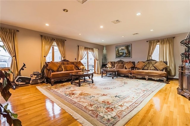 living room with a wealth of natural light and light wood-type flooring