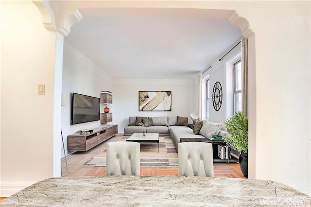 living room with light parquet flooring