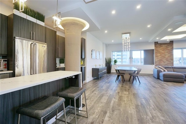 80 Bay St Unit 4A, Staten Island, NY 10301 - kitchen featuring high end refrigerator, open floor plan, light wood-style flooring, and recessed lighting