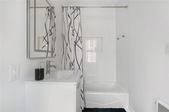 bathroom with vanity and shower / bathtub combination with curtain