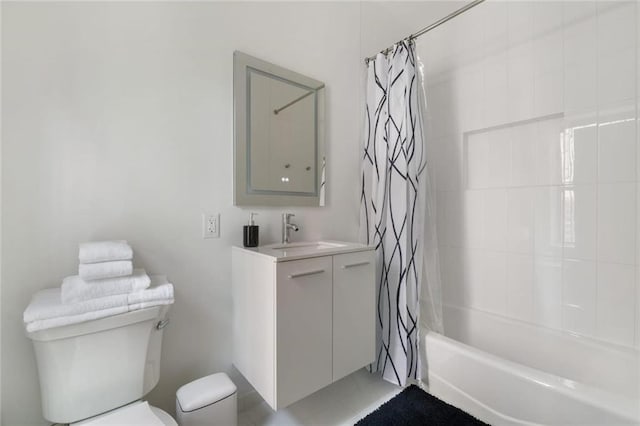 full bathroom with shower / bath combination with curtain, toilet, and vanity