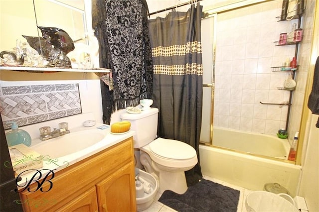 full bathroom with tile patterned floors, shower / bath combo, toilet, and vanity