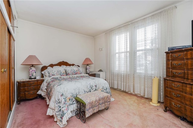 carpeted bedroom featuring crown molding and a closet