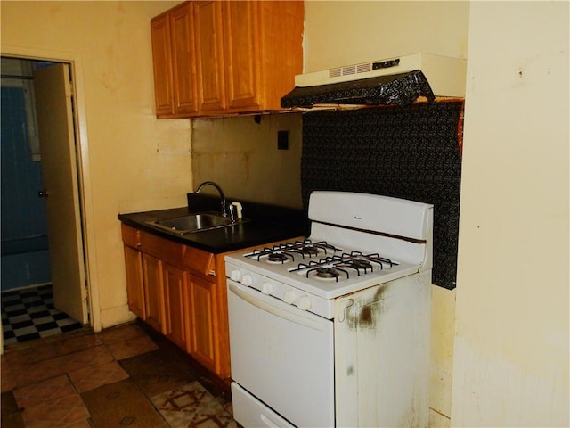 kitchen with sink, white range with gas stovetop, and ventilation hood