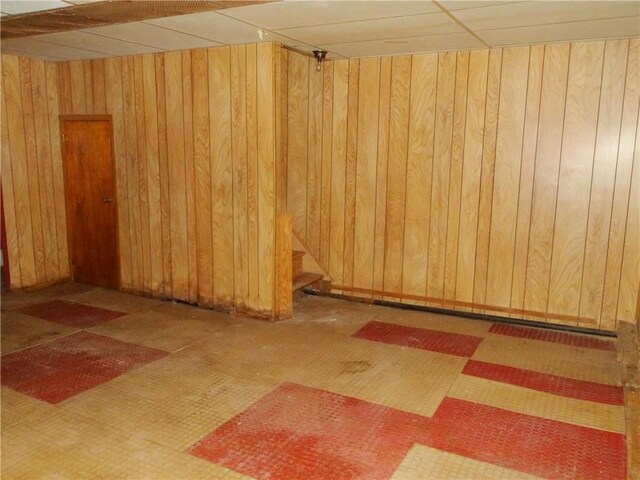 basement featuring wood walls