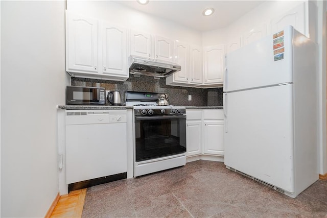 kitchen featuring under cabinet range hood, white appliances, backsplash, and white cabinetry