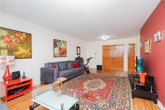 living room featuring wood finished floors and baseboards