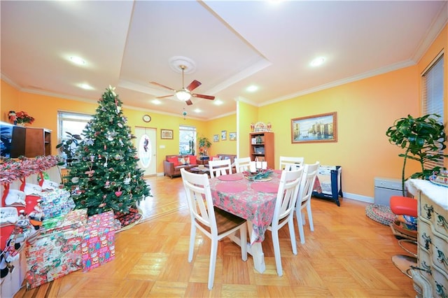 dining room with a raised ceiling, a wealth of natural light, and ceiling fan