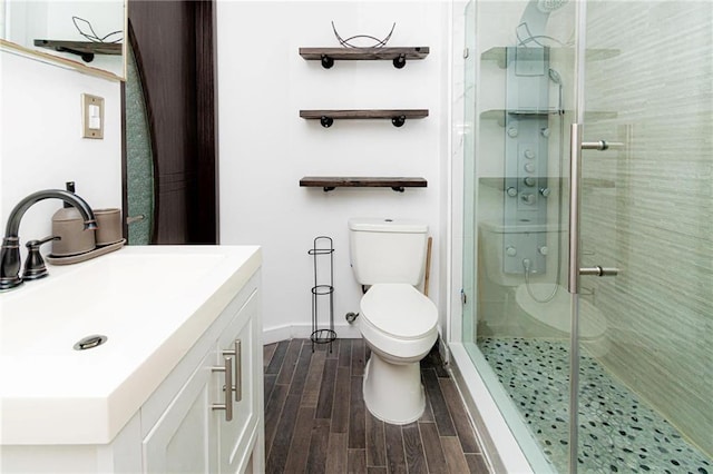 bathroom with vanity, toilet, and a shower with door