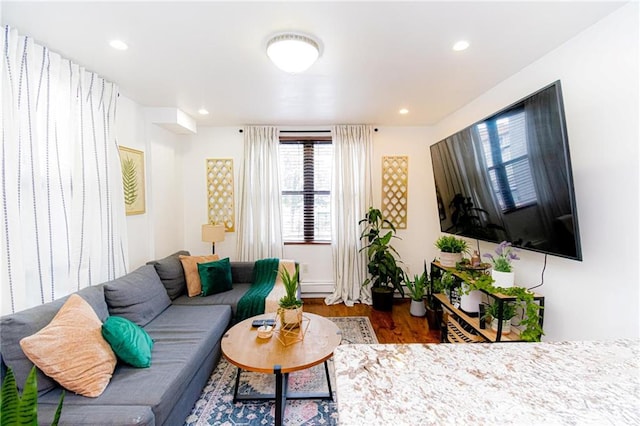 living room featuring a baseboard heating unit and dark hardwood / wood-style floors