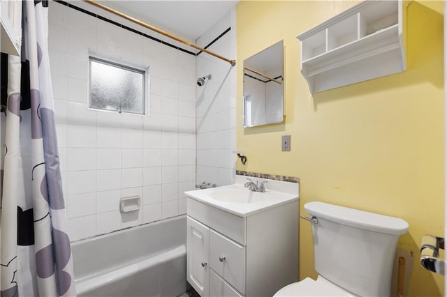 full bathroom featuring shower / bathtub combination with curtain, vanity, and toilet