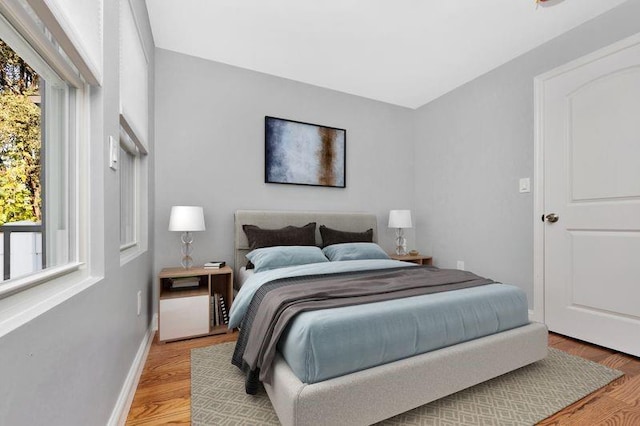 bedroom with multiple windows and hardwood / wood-style floors