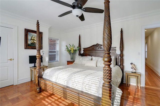 bedroom with crown molding, baseboards, and ceiling fan