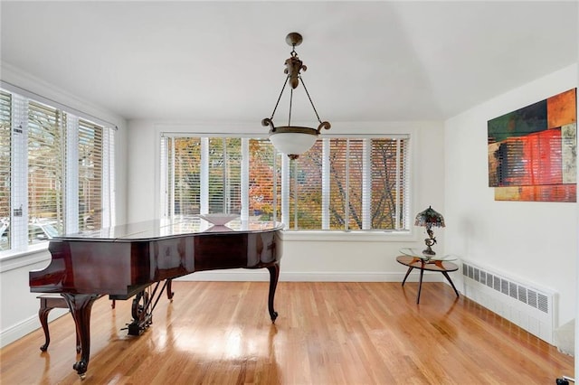 living area featuring radiator, light wood-style floors, baseboards, and a wealth of natural light