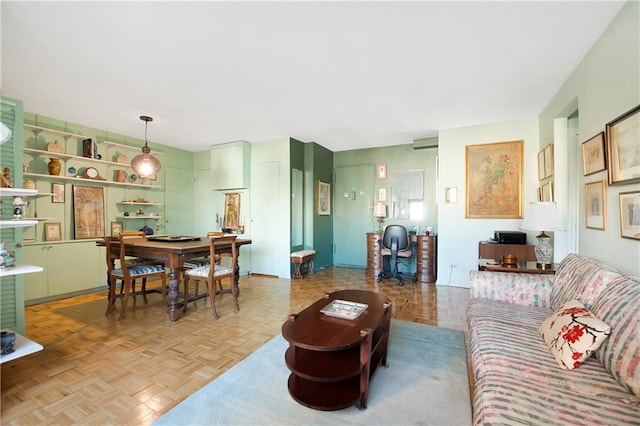 living room with parquet floors