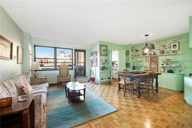 living room featuring light parquet floors