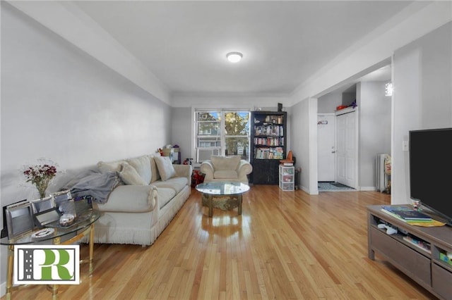 living room with light wood-type flooring and baseboards