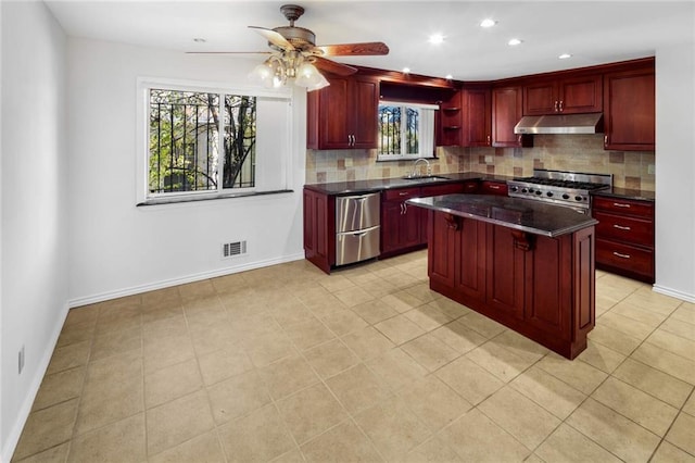 kitchen featuring sink, decorative backsplash, a center island, ceiling fan, and stainless steel appliances