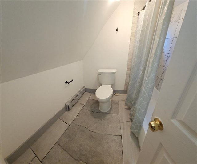 bathroom featuring toilet, a baseboard radiator, tile patterned flooring, lofted ceiling, and curtained shower