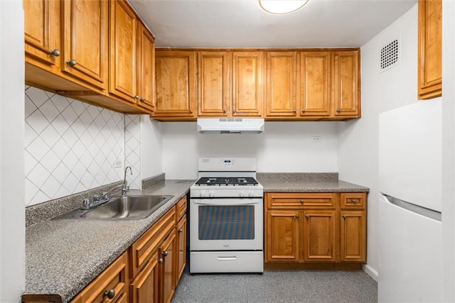 2035 E 7th St Unit 5F, Brooklyn, NY 11223 - kitchen with white appliances, under cabinet range hood, brown cabinets, backsplash, and dark countertops
