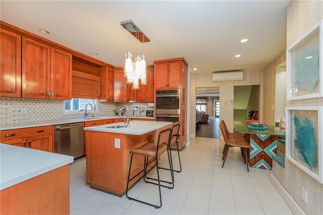 1469 E 5th St, Brooklyn, NY 11230 - kitchen with appliances with stainless steel finishes, a wall mounted air conditioner, open shelves, a sink, and recessed lighting