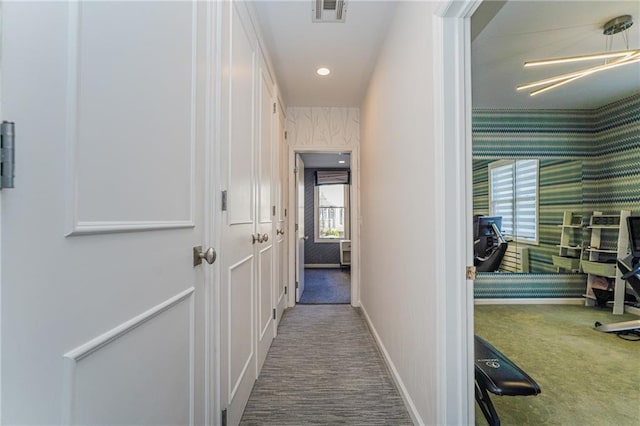1469 E 5th St, Brooklyn, NY 11230 - hallway with carpet floors, wallpapered walls, baseboards, and recessed lighting