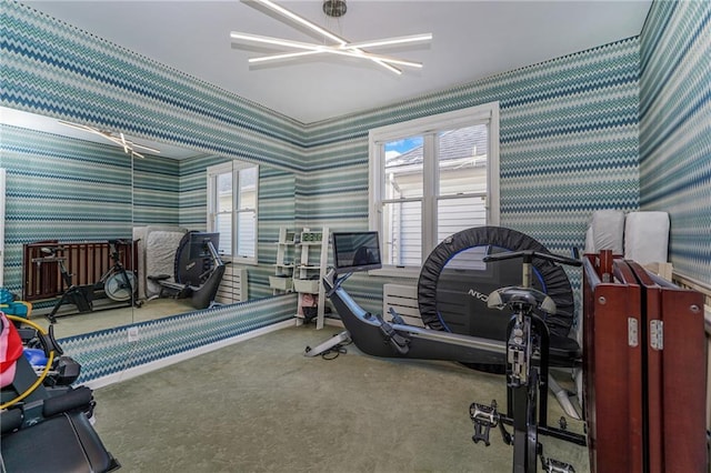 interior space featuring a notable chandelier and wallpapered walls