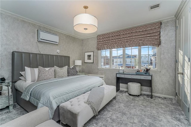 bedroom with carpet, crown molding, visible vents, a wall mounted air conditioner, and baseboards