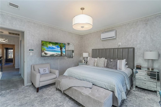 bedroom featuring an AC wall unit, carpet, visible vents, and crown molding