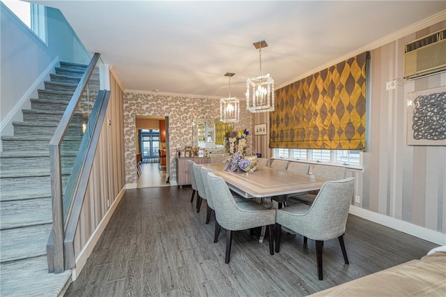 dining area featuring crown molding, baseboards, dark wood finished floors, and wallpapered walls