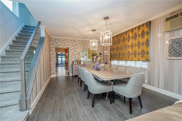 1469 E 5th St, Brooklyn, NY 11230 - dining room featuring wallpapered walls, wood finished floors, a chandelier, stairs, and baseboards